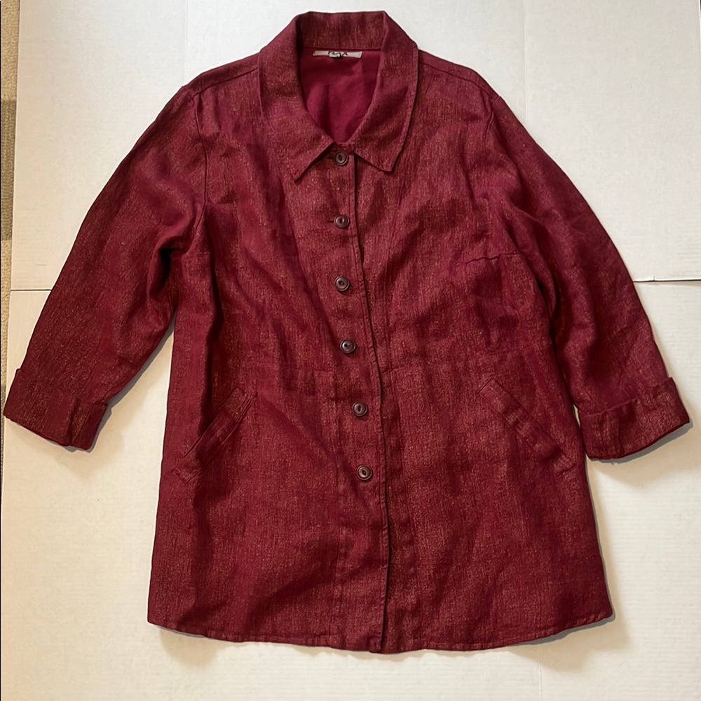 Flax 100% Linen 1G Jacket Long Button Front Tunic Shacket Burgundy